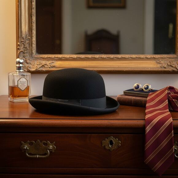 Vintage 1940s Bowler Hat-Henry Pollak NY-Wool Derby-Black-Unisex-Classic-Peaky